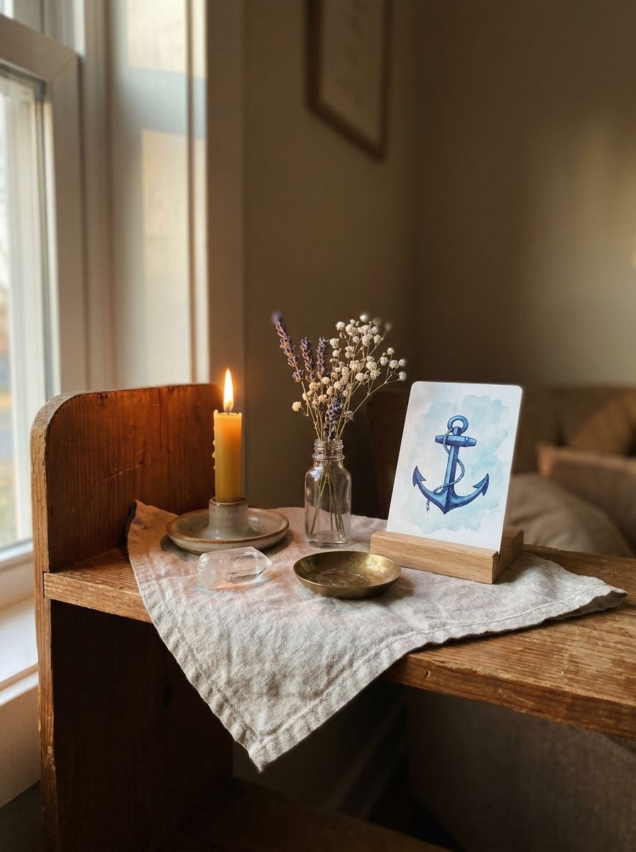 A simple first altar on a wooden shelf: linen cloth, lit candle, clear quartz, brass dish, dried wildflowers, and an oracle card showing a watercolor anchor.