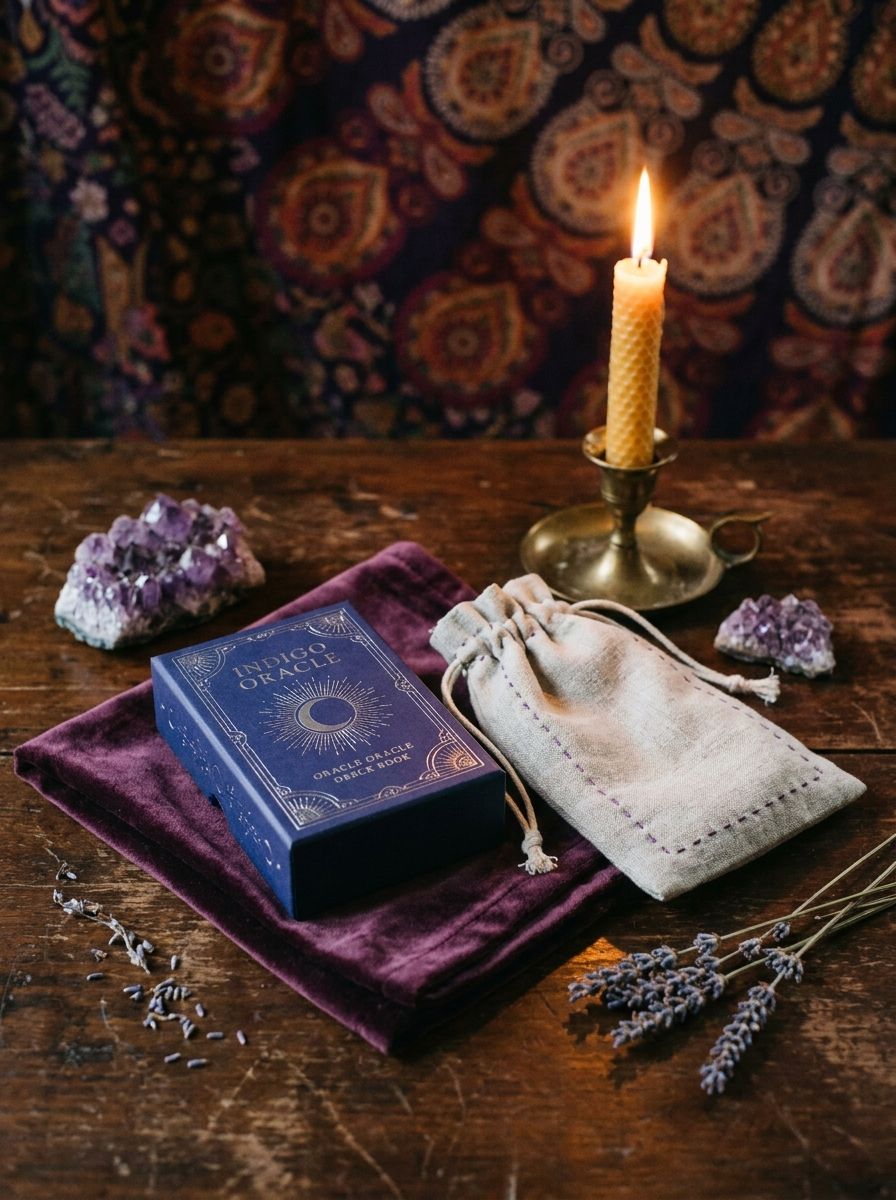 Indigo oracle deck box on a plum velvet cloth beside a hand-stitched linen drawstring bag, with amethyst, lavender, and a lit candle on a dark wooden table.