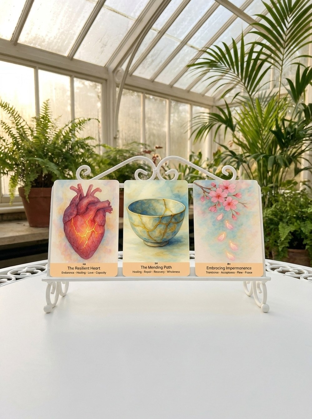 Three oracle cards standing upright on a white iron table in a bright conservatory in soft morning light