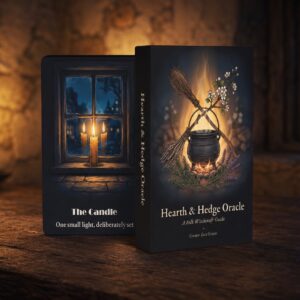 Hearth & Hedge Oracle deck box standing beside The Candle card on a rustic table by candlelight