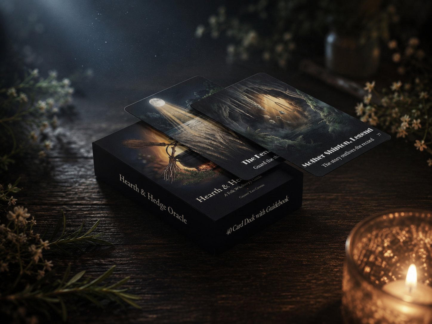 Hearth & Hedge Oracle box under moonlight with two cards floating above it