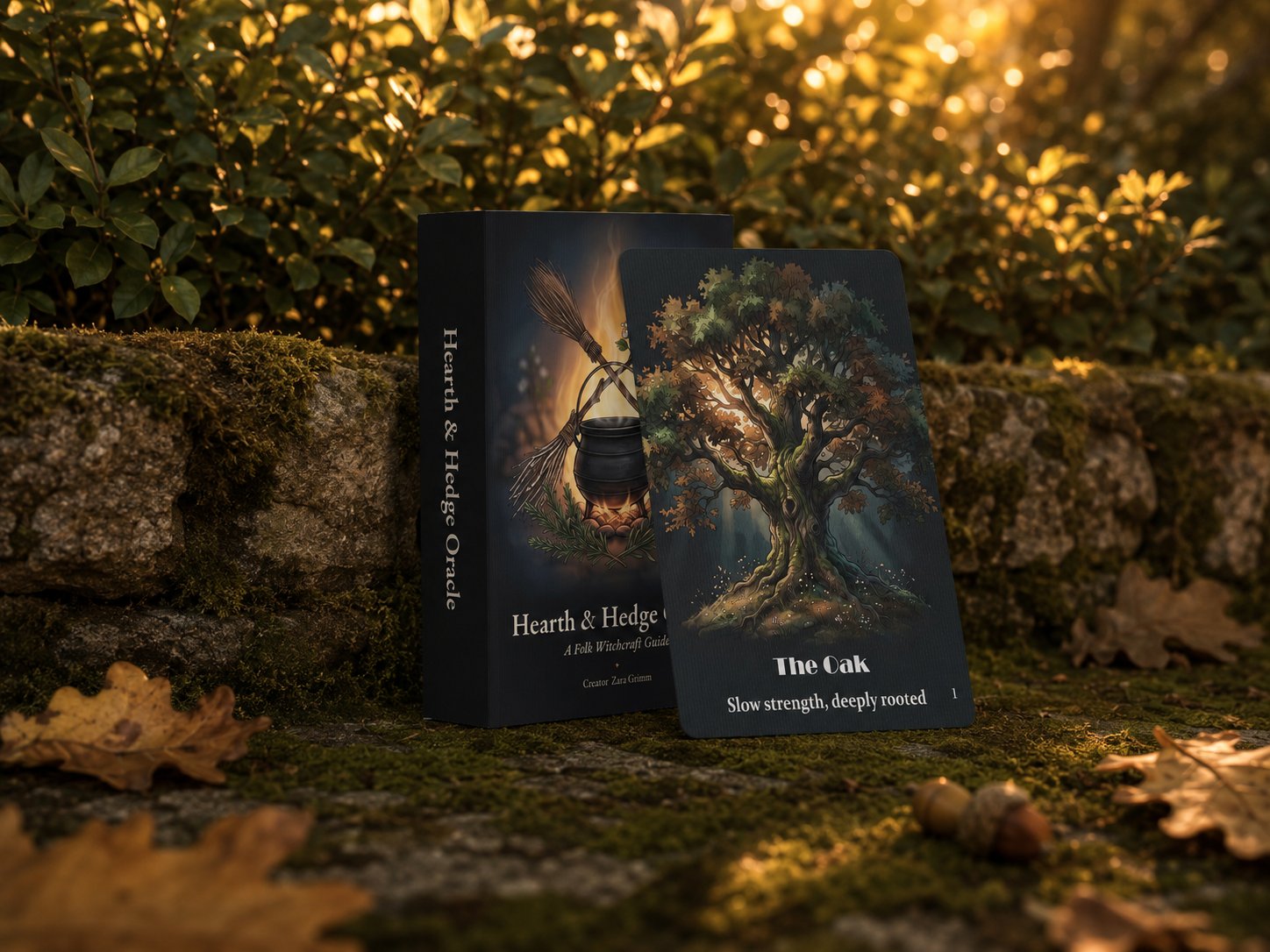 Hearth & Hedge Oracle box leaning on a mossy stone wall with The Oak card at golden hour