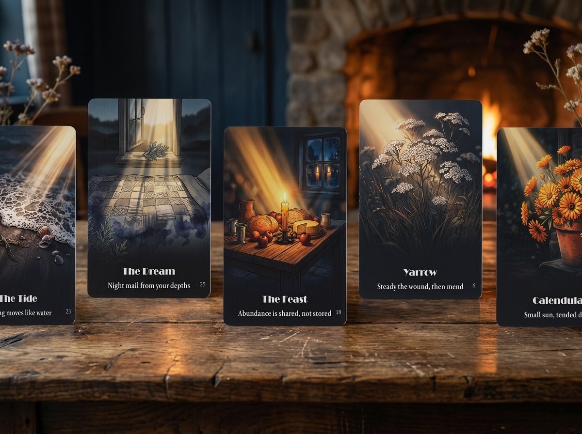 Five Hearth & Hedge Oracle cards standing in a row before a stone fireplace