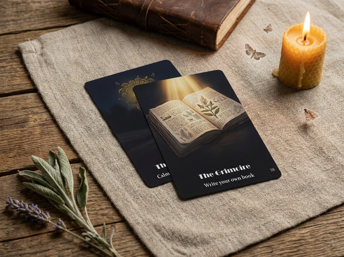 The Grimoire card resting on linen with a leather journal, beeswax candle, and sage