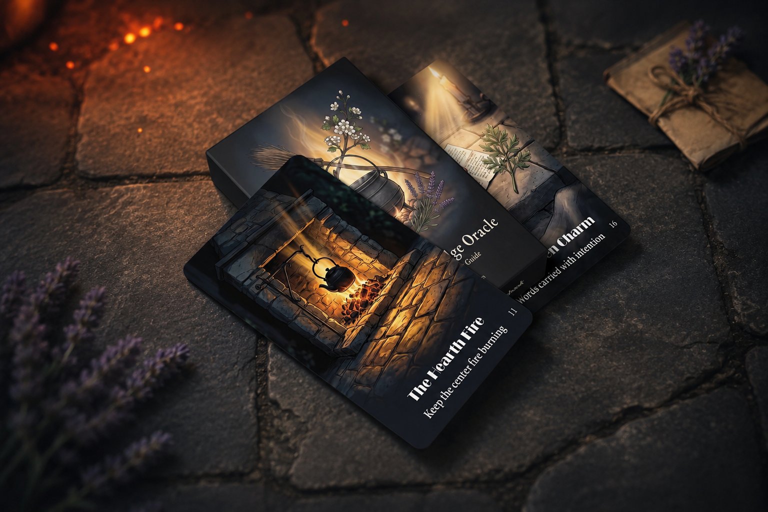 Hearth & Hedge Oracle box and cards spread on hearthstones with lavender