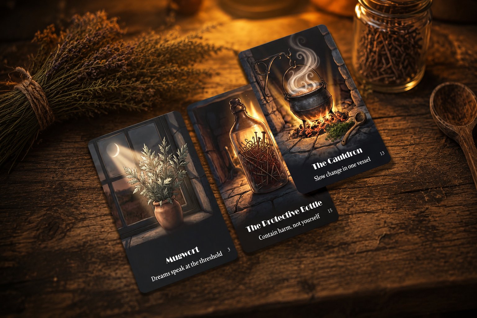 Flat lay of Mugwort, The Protective Bottle, and The Cauldron cards with dried herbs on a farmhouse table