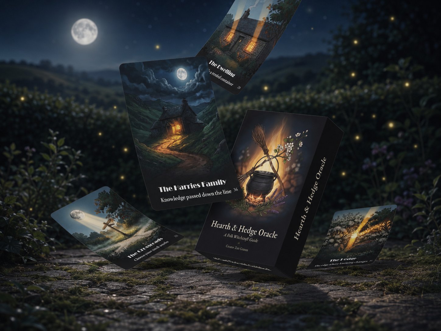 Hearth & Hedge Oracle box and cards tumbling through a moonlit night garden