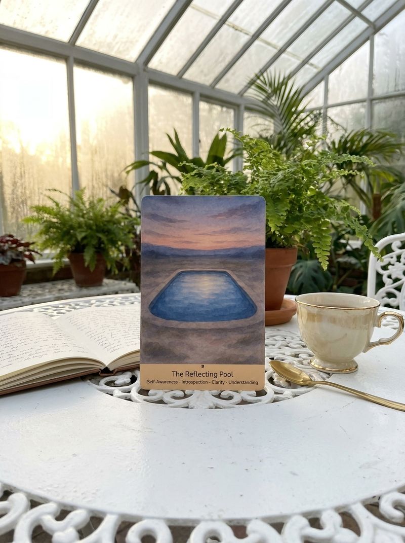 The Reflecting Pool oracle card standing on a white table in soft morning light, an open journal and a cup of tea nearby