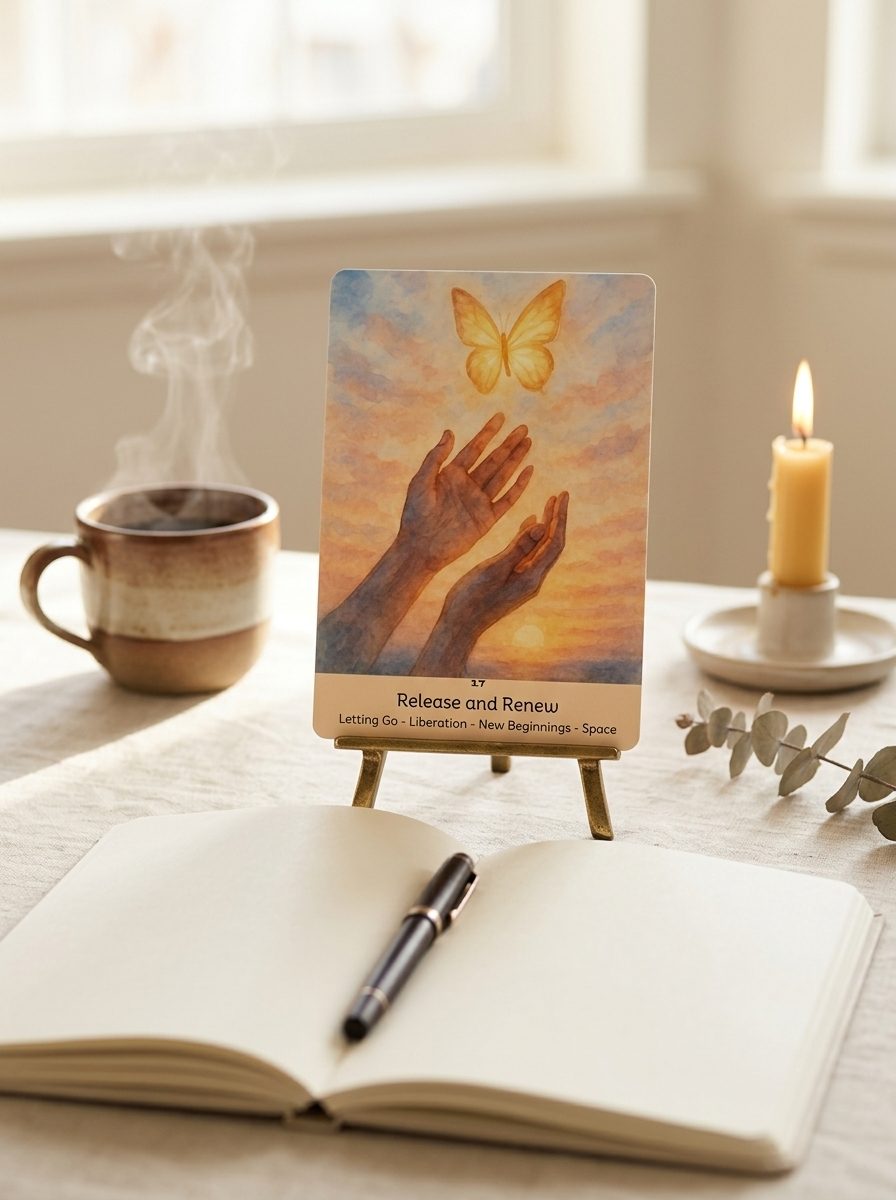 An oracle card on a small brass easel beside an open journal and pen on a sunlit morning desk, with a steaming mug and a lit candle.