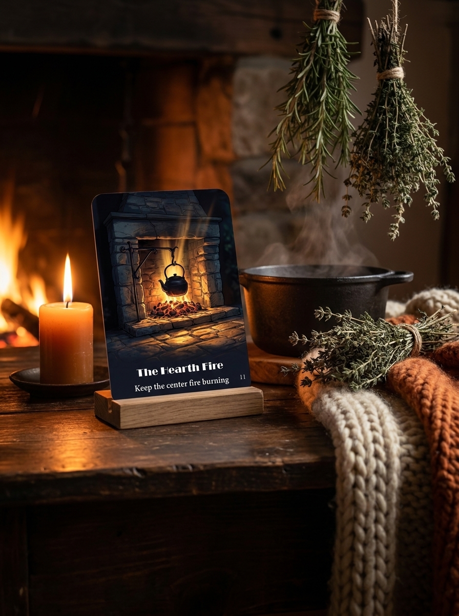 A dark kitchen table lit by one candle, with a simmer pot steaming on the stove and dried herbs and cards nearby
