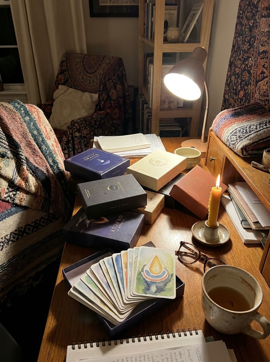 Seven oracle deck boxes stacked on a writer's desk in evening lamplight, one open with watercolor cards fanned out beside a candle and cup of tea.