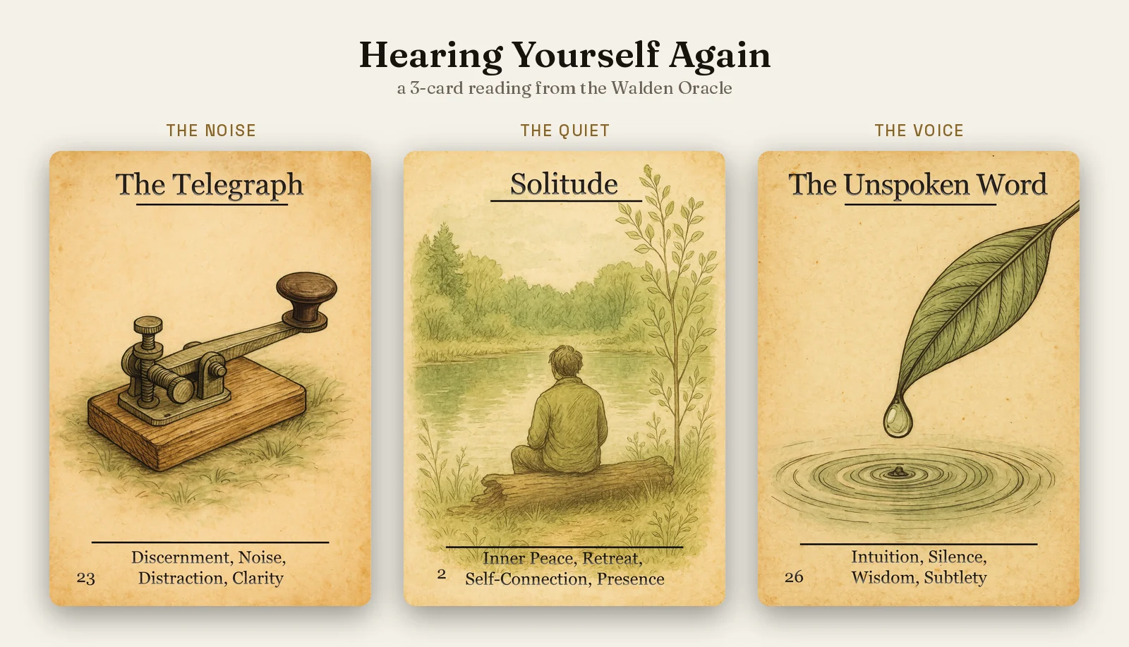 Three Walden Oracle cards left to right: The Telegraph, Solitude, and The Unspoken Word