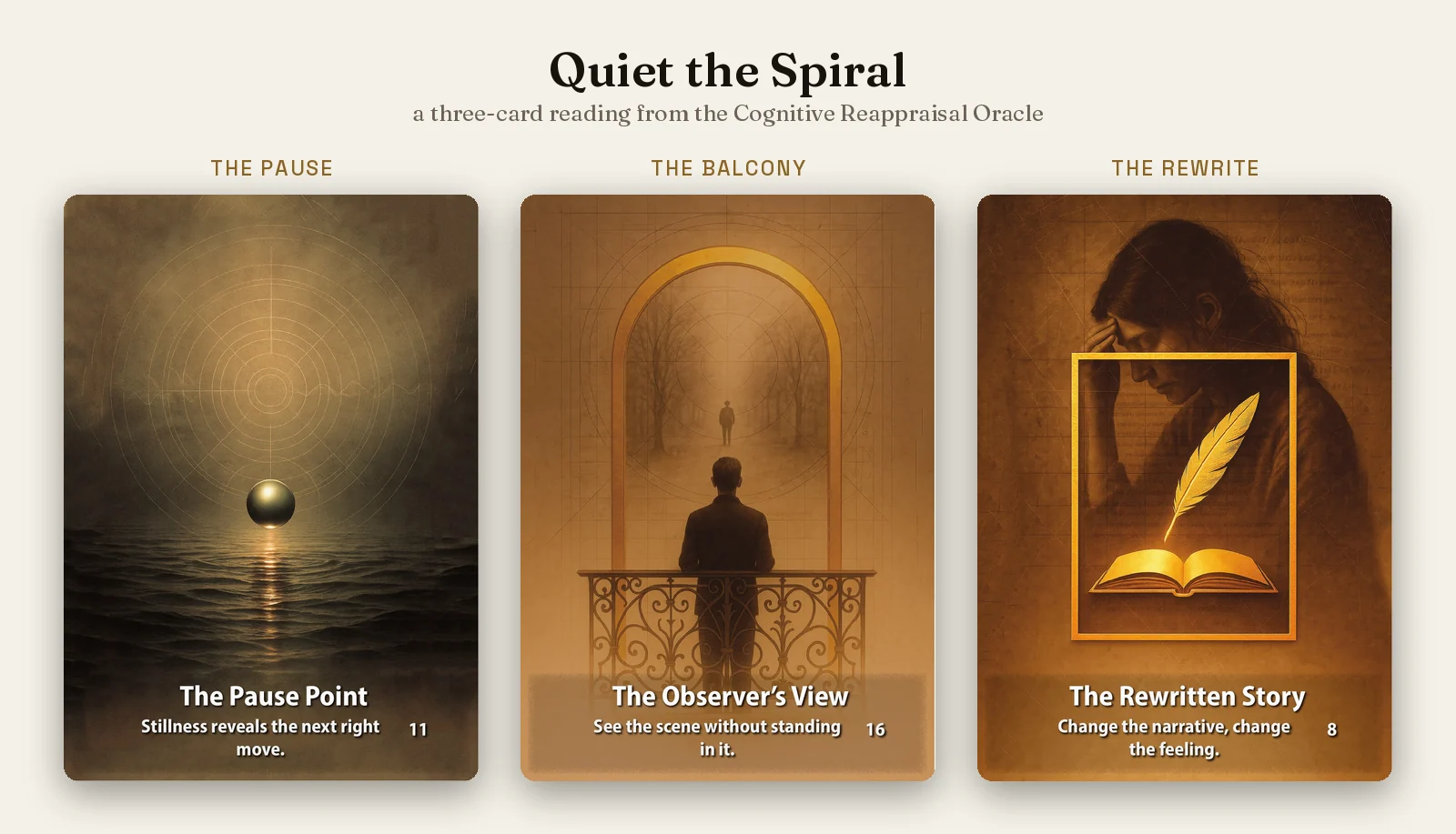 The Pause Point, The Observer's View, and The Rewritten Story cards laid left to right from the Cognitive Reappraisal Oracle.