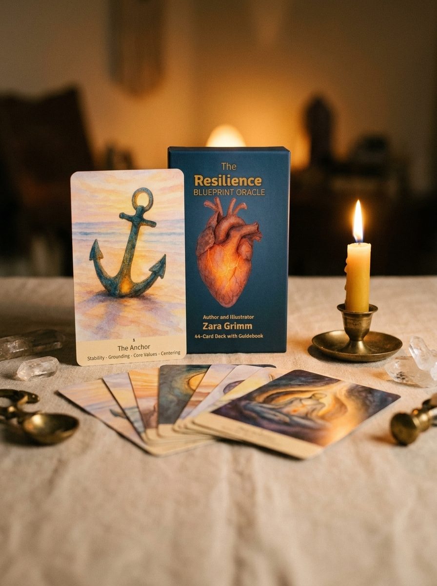 An oracle deck fanned beside its box on bone linen in warm candlelight, with brass and quartz details on a mystic table.