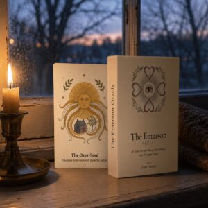 The Emerson Oracle box standing on a farmhouse windowsill at dusk beside a brass candlestick, with The Over-Soul card leaning against it