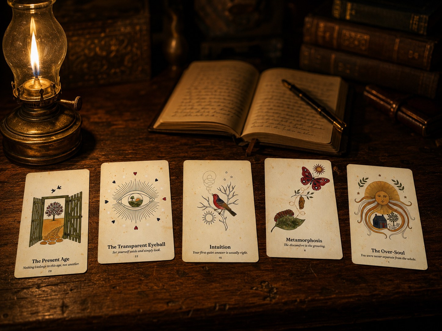 Five Emerson Oracle cards laid across a scholar's writing desk beside a brass oil lamp and an open journal
