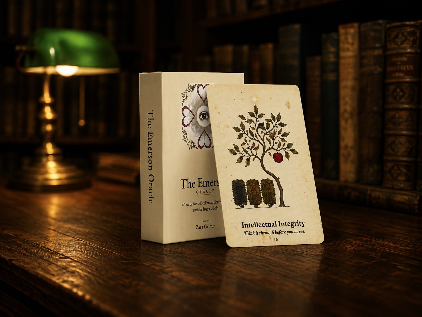 The Emerson Oracle box and the Intellectual Integrity card on a dark library table under a green shaded lamp