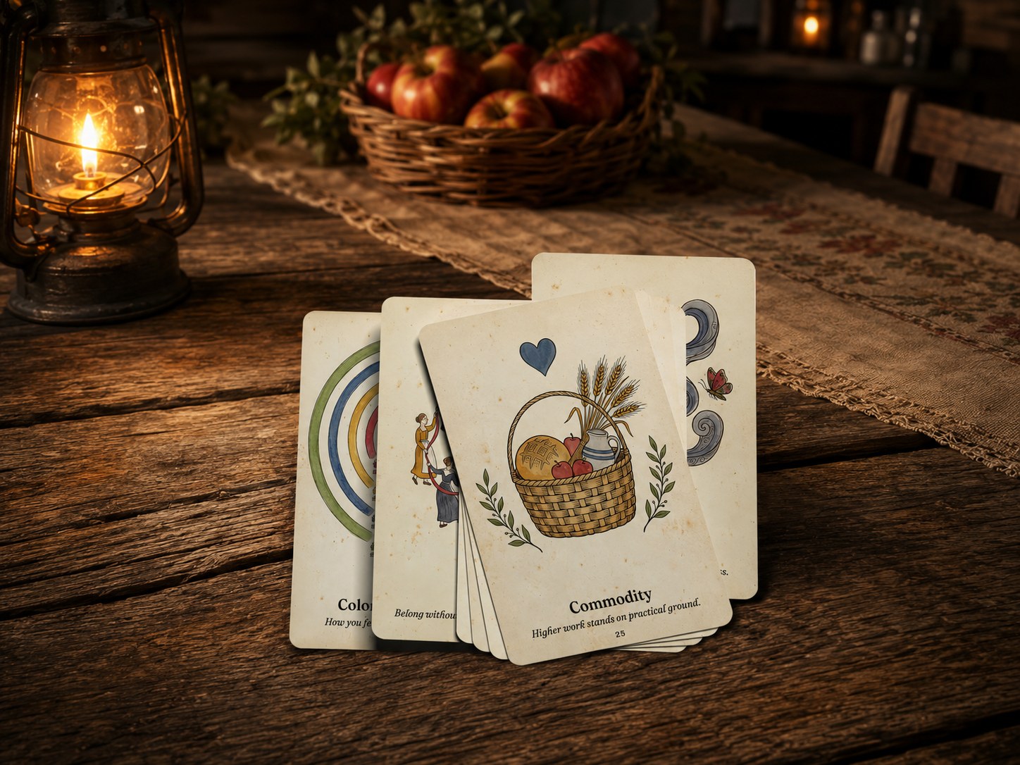 Seven Emerson Oracle cards dealt in an overlapping fan across a long harvest table by lantern light