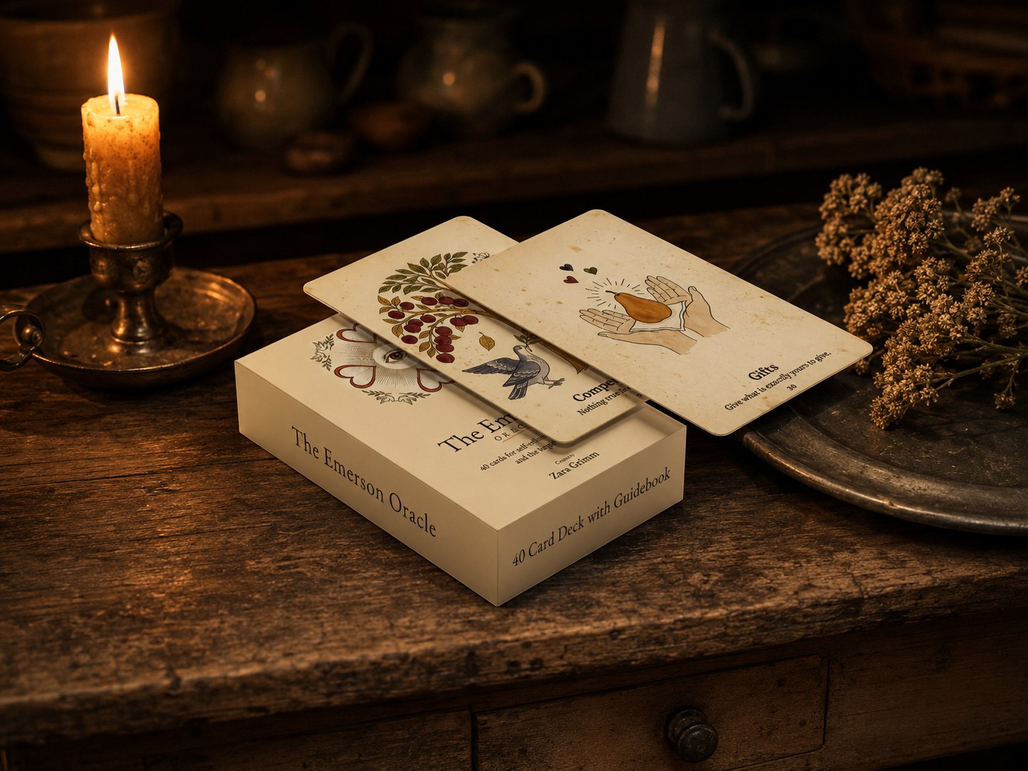 The Emerson Oracle box lying flat on a farmhouse dresser with two cards leaning against it beside a beeswax candle