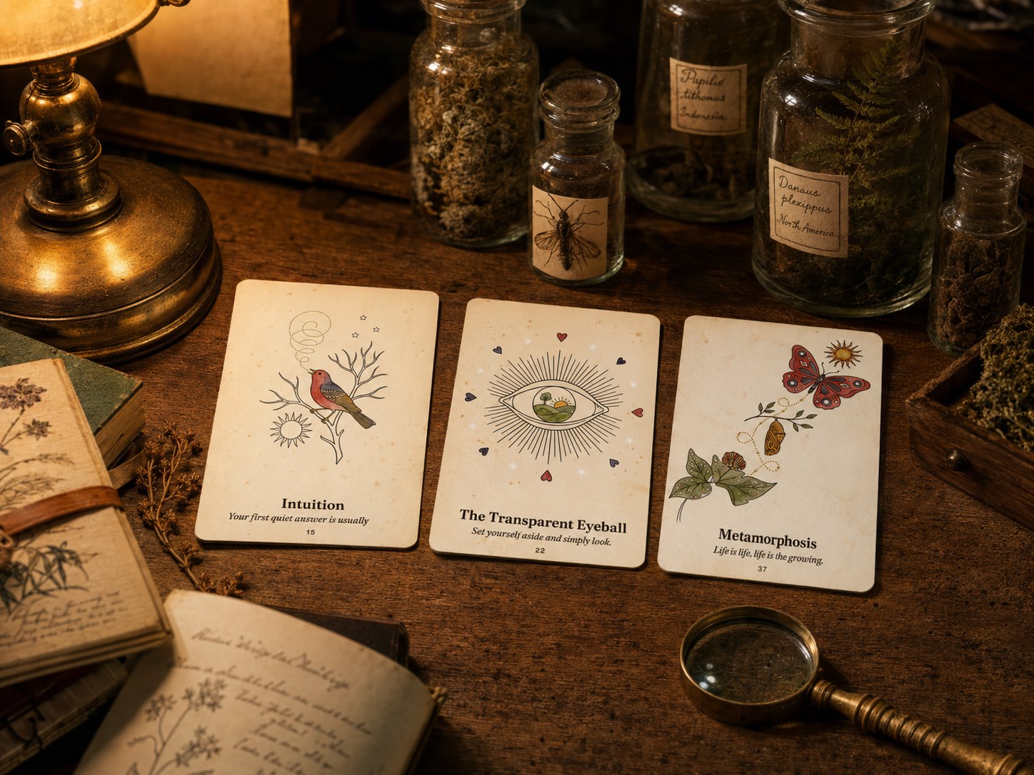 Three Emerson Oracle cards standing on a naturalist's desk among glass specimen jars and a brass magnifier