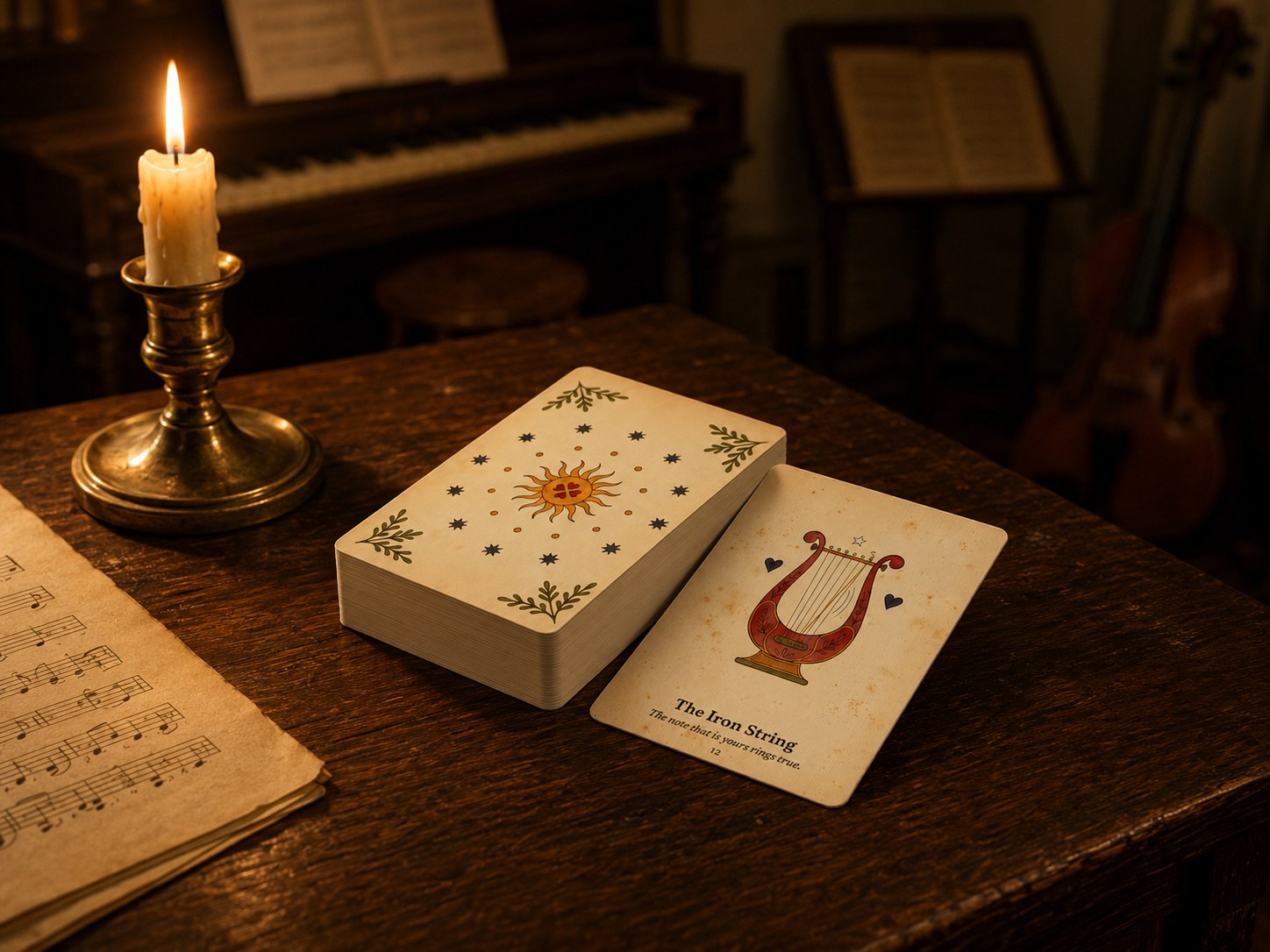 The Emerson Oracle deck stacked flat in a music room with the Iron String card resting against it