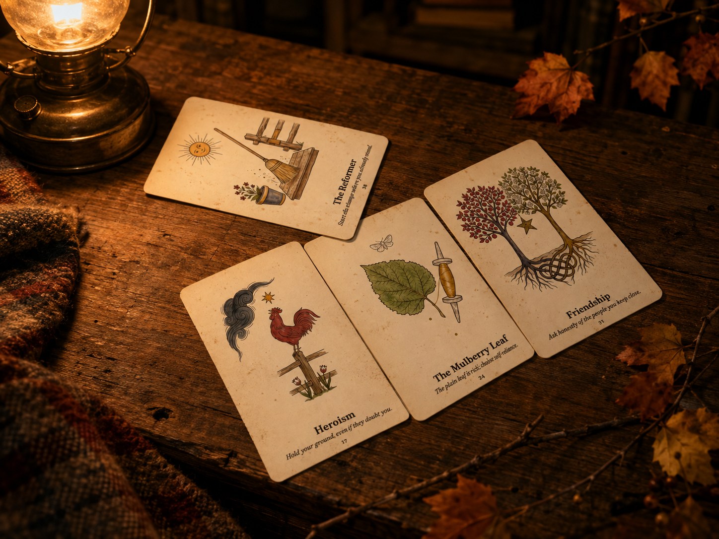 Four Emerson Oracle cards laid flat in a loose spread on a worn writing table with autumn leaves