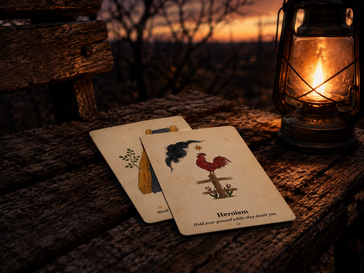 Two Emerson Oracle cards leaning on a weathered bench at dusk beside a glowing lantern