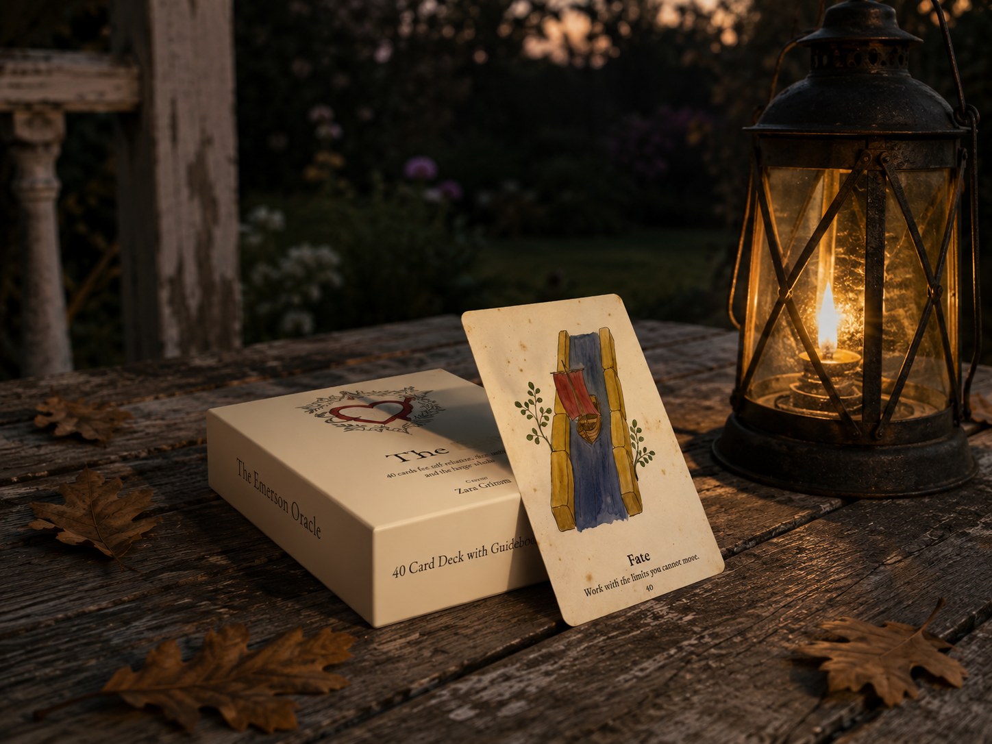 The Emerson Oracle box and the Fate card on a porch table at dusk with fallen oak leaves