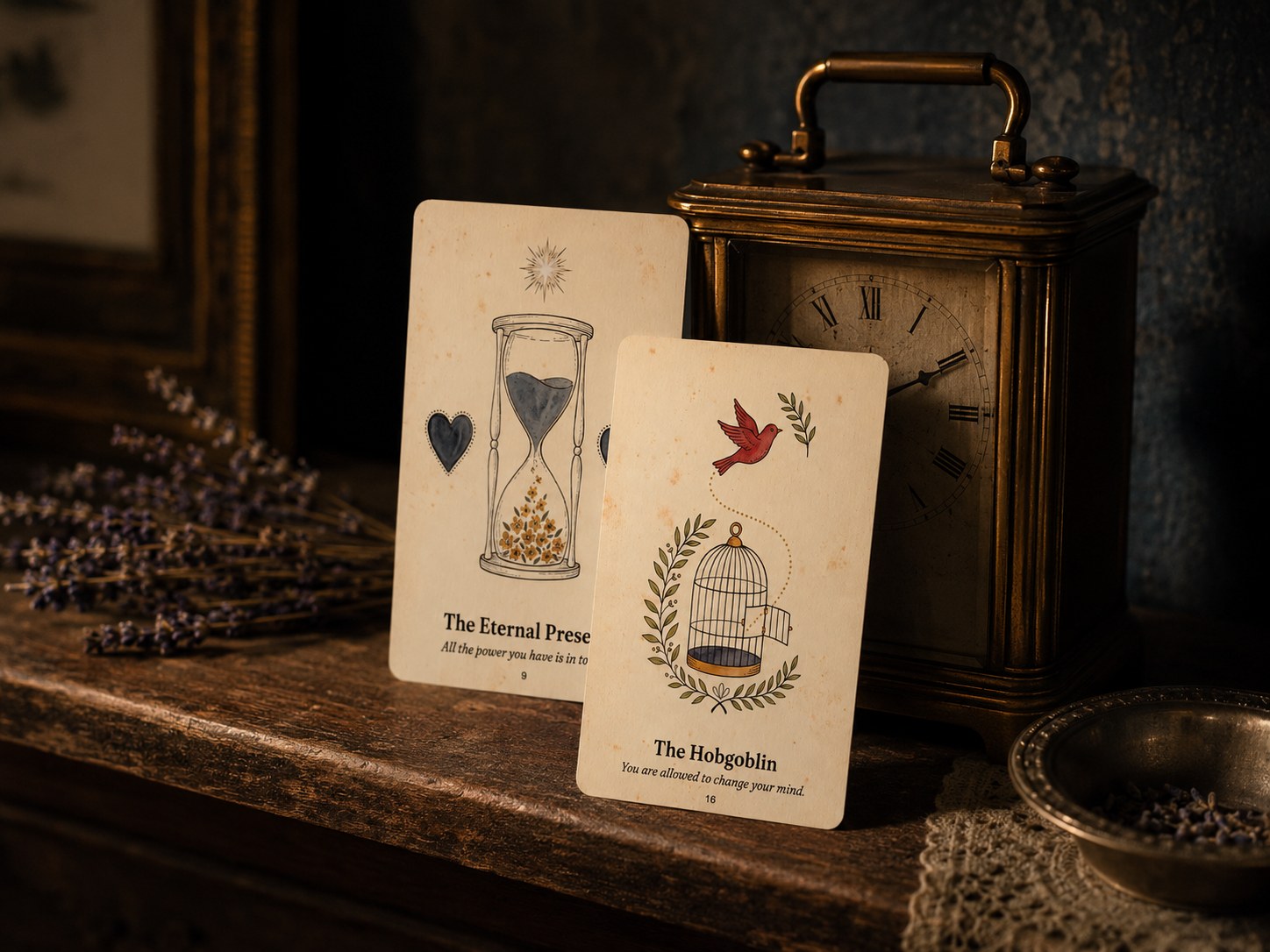 Two Emerson Oracle cards leaning against a brass carriage clock on a narrow mantel with dried lavender