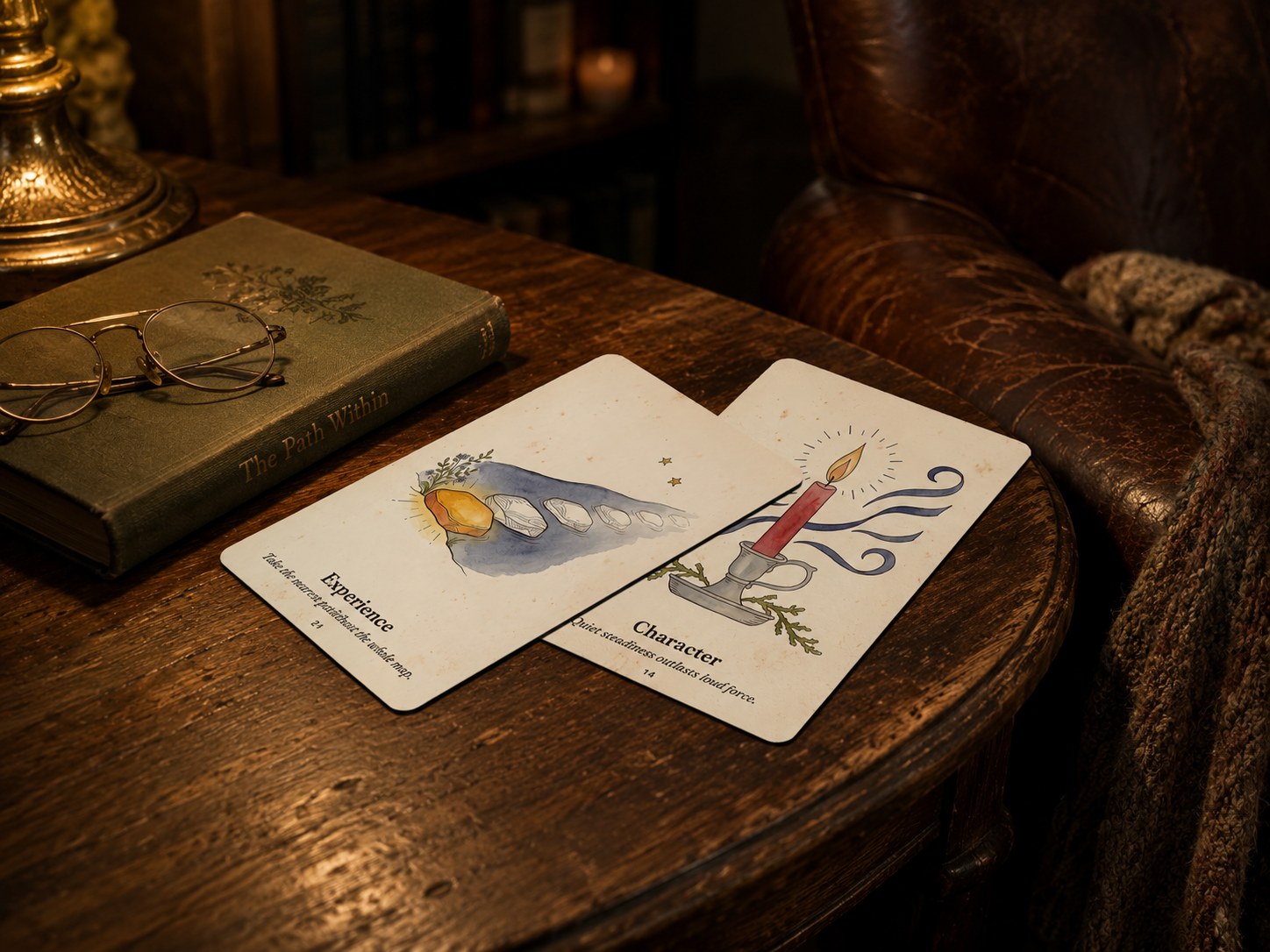 Two Emerson Oracle cards on a side table beside a leather reading chair with spectacles and a cloth-bound book