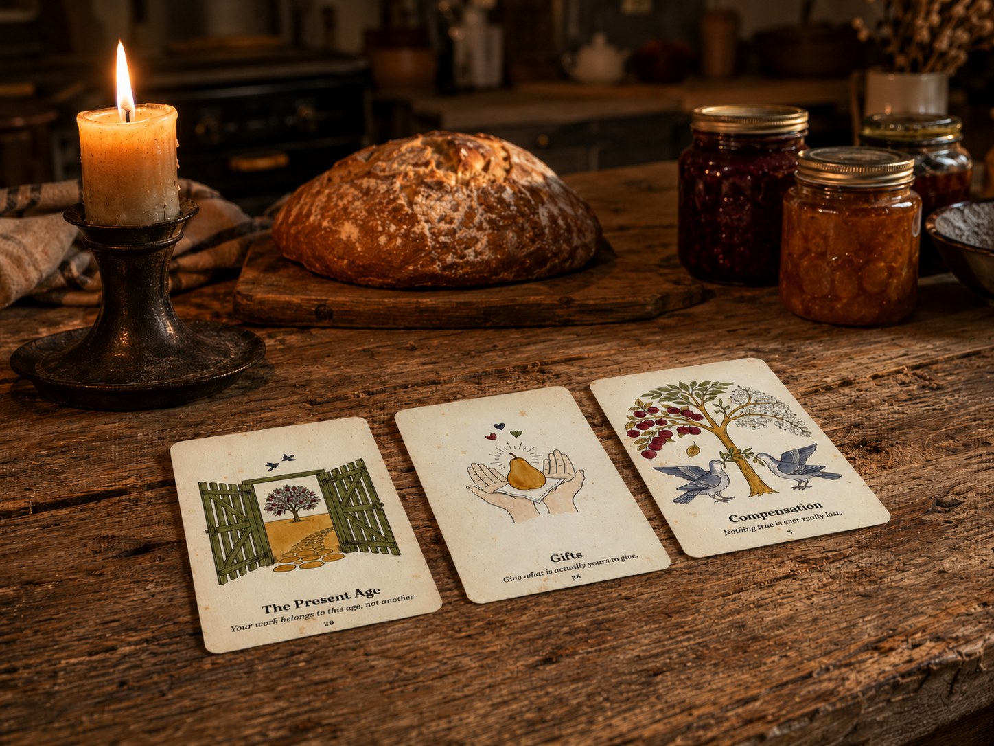 Three Emerson Oracle cards laid on a scrubbed farmhouse table beside a loaf of bread and jars of preserves