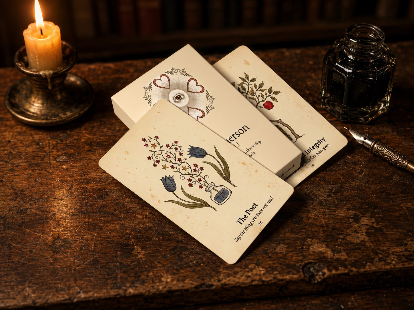 The Emerson Oracle box and two cards on an old writing desk with a glass inkwell and steel pen