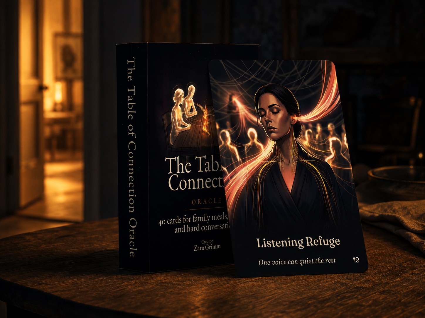 The Table of Connection box standing beside the Listening Refuge card in a warm lamplit room
