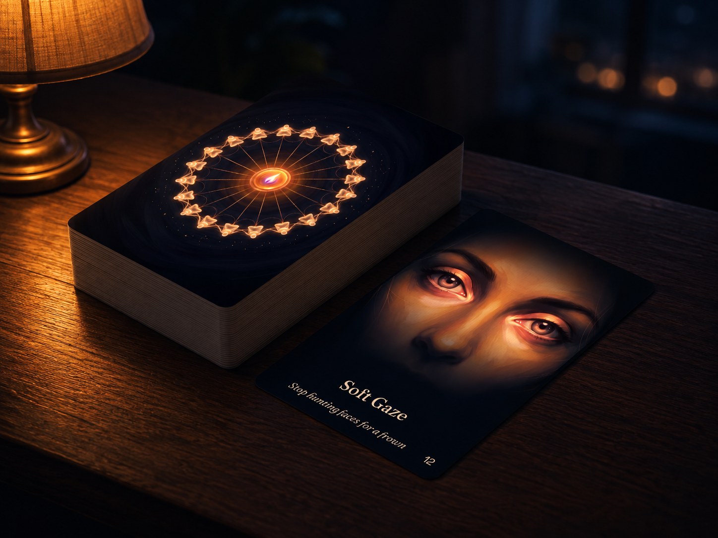 The Table of Connection card back mandala on a stacked deck beside the Soft Gaze card
