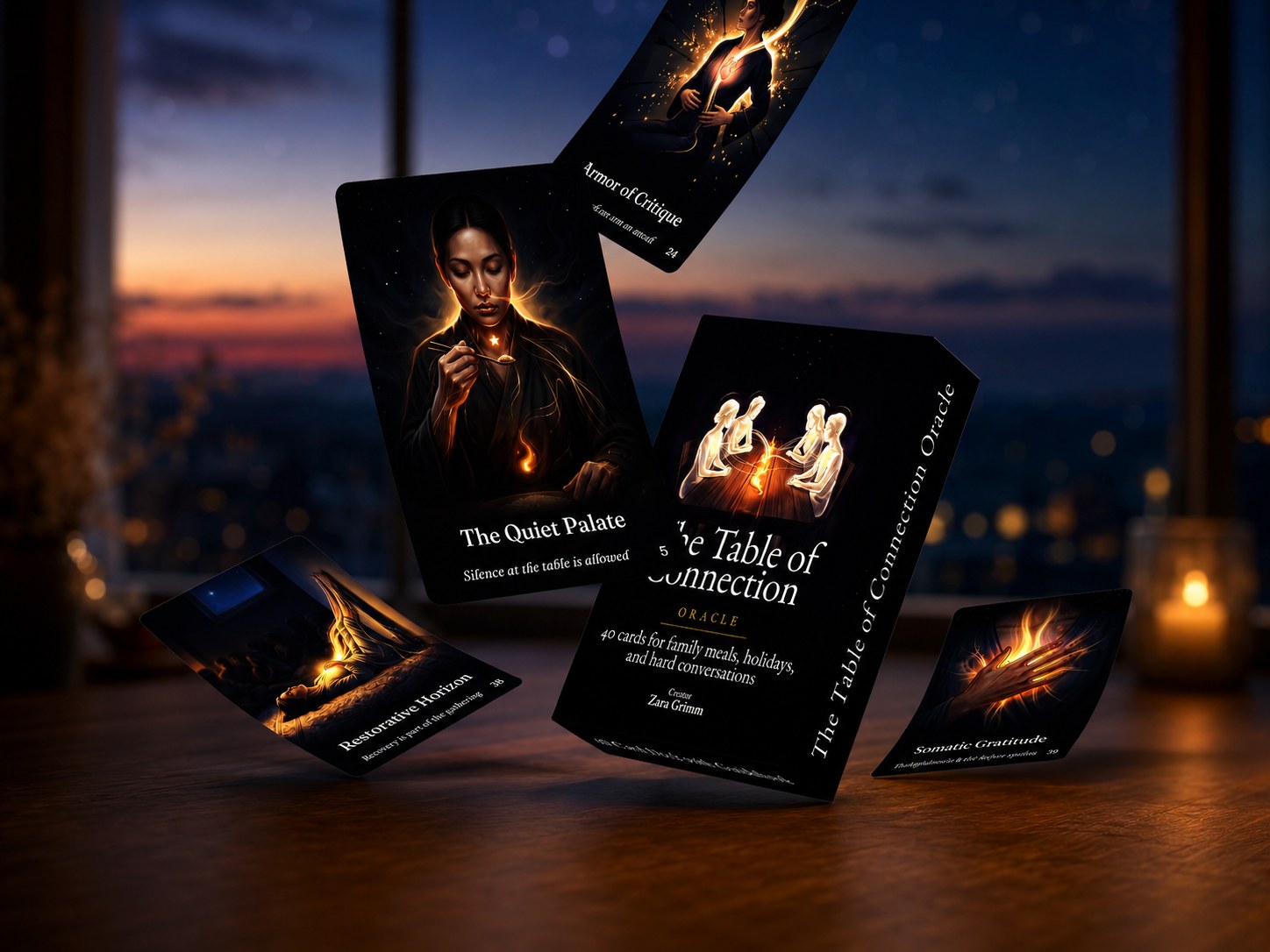 Table of Connection cards and box arranged before a window at dusk over a city skyline
