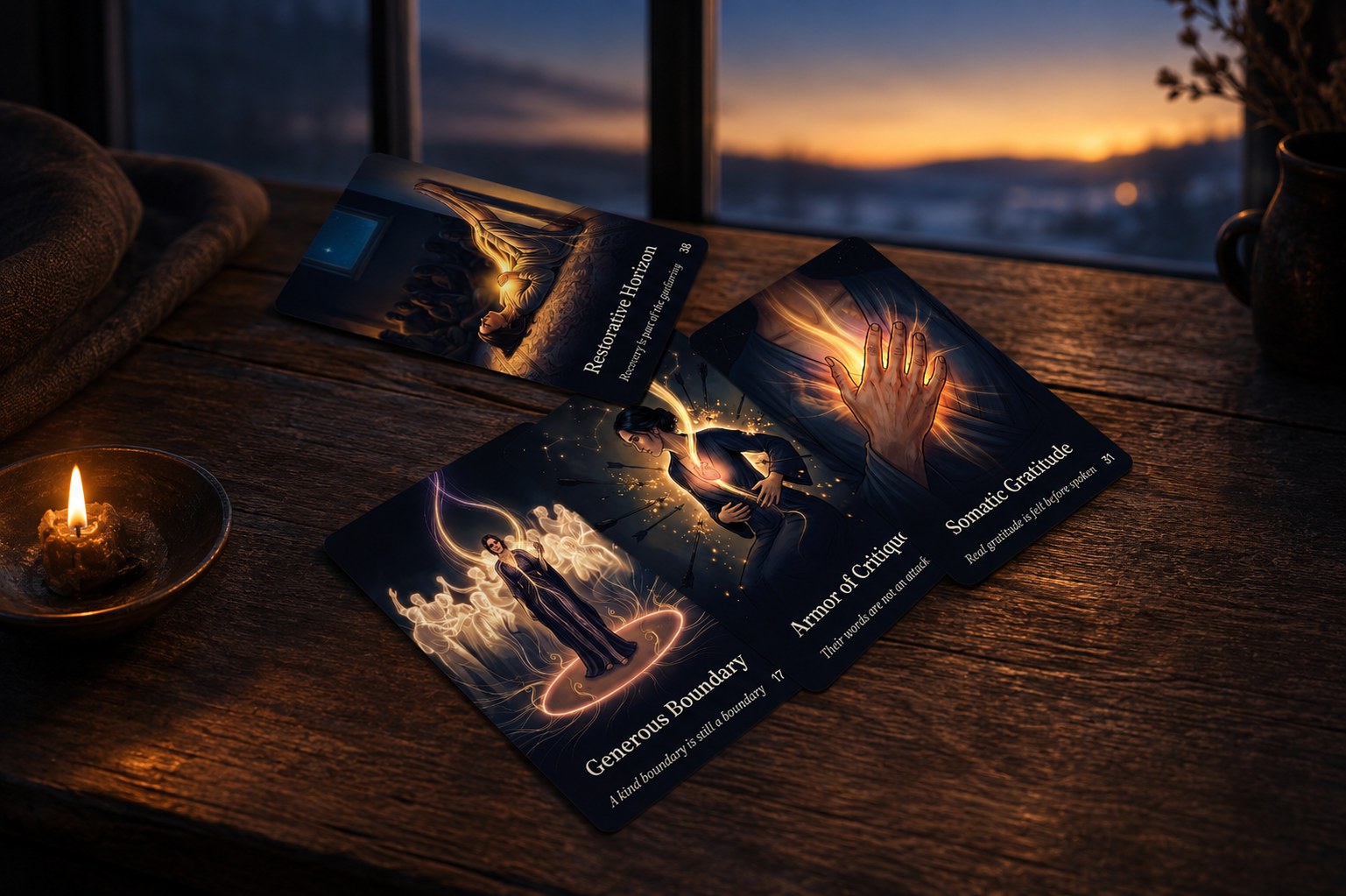 Four Table of Connection cards fanned on a table by a window at dusk with a lit candle