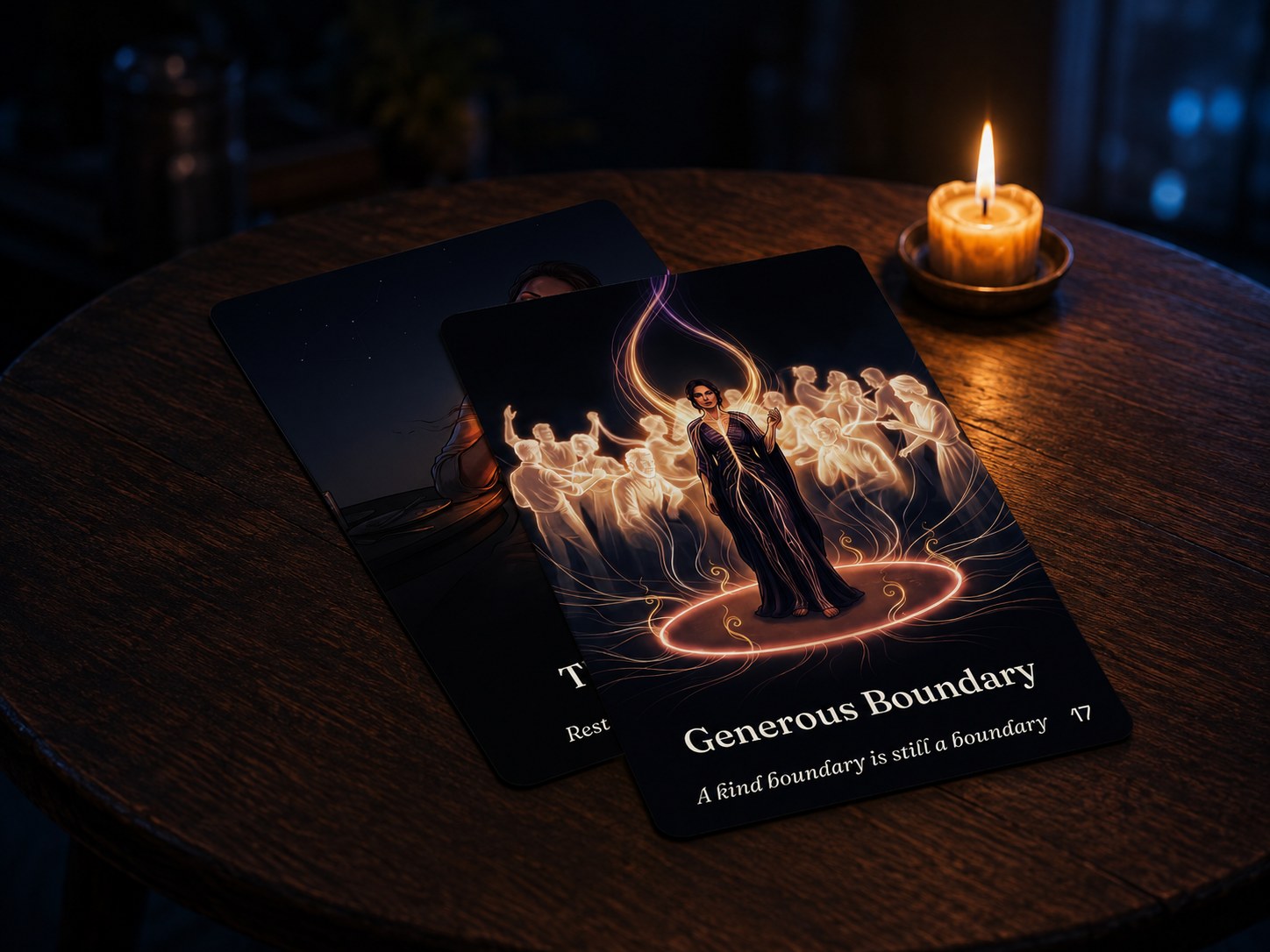 Close view of the Generous Boundary card on a round wooden table beside a lit candle