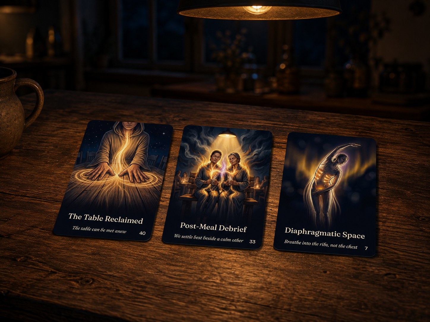 Three Table of Connection cards laid in a row on a dark wooden table under a warm hanging lamp