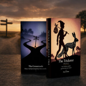 The Trickster Oracle box beside The Crossroads card on a wooden table at sunset