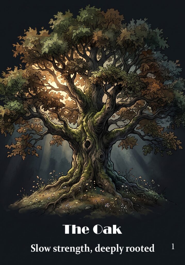 The Oak oracle card from the Hearth & Hedge Oracle deck