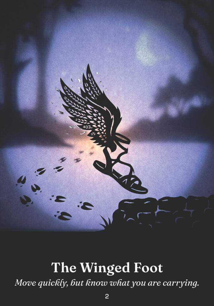 The Winged Foot oracle card from the The Trickster Oracle deck