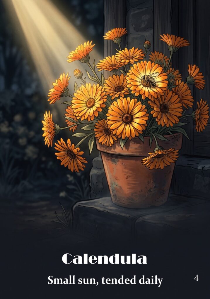 Calendula oracle card from the Hearth & Hedge Oracle deck