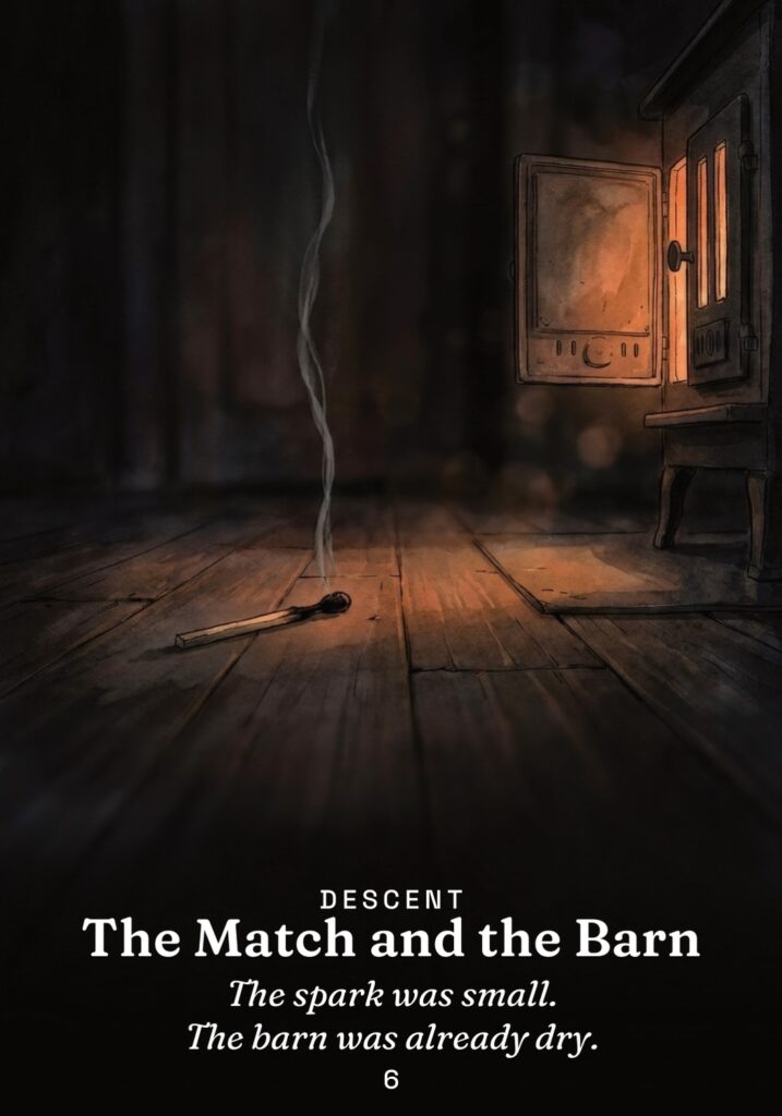The Match and the Barn oracle card from The Gold in the Dark deck