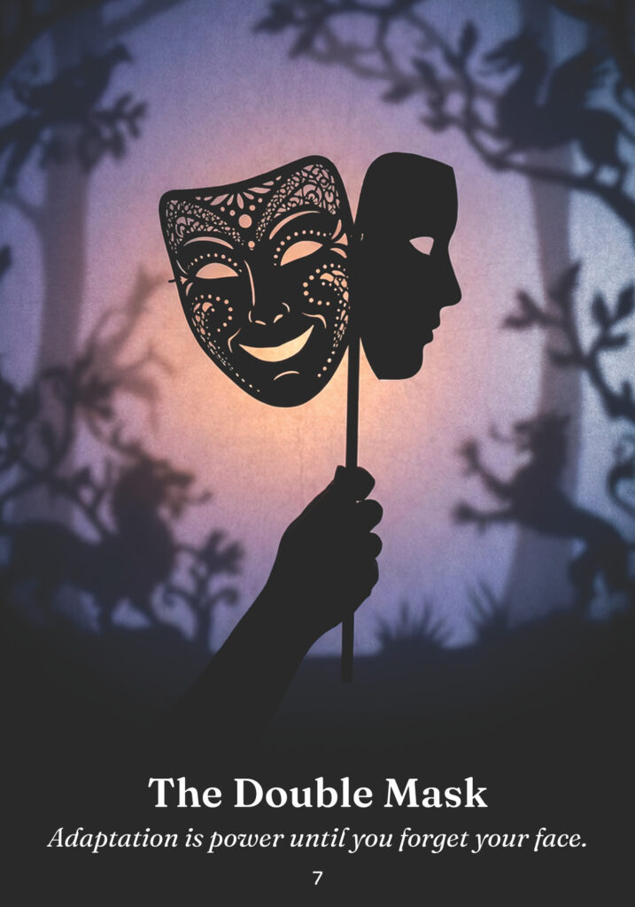 The Double Mask oracle card from the The Trickster Oracle deck