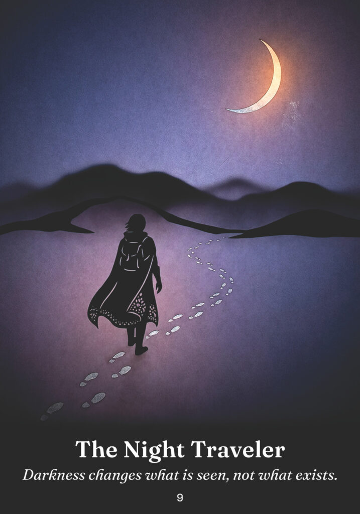 The Night Traveler oracle card from the The Trickster Oracle deck