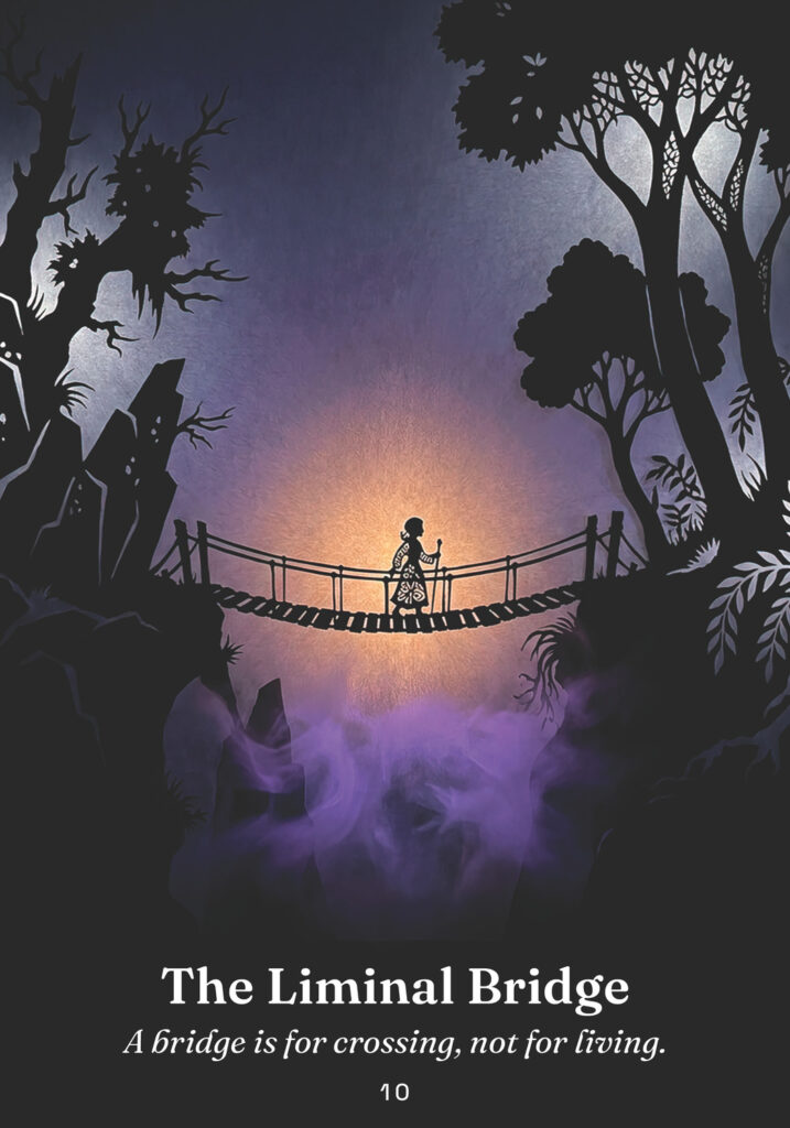 The Liminal Bridge oracle card from the The Trickster Oracle deck