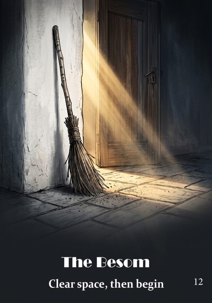 The Besom oracle card from the Hearth & Hedge Oracle deck