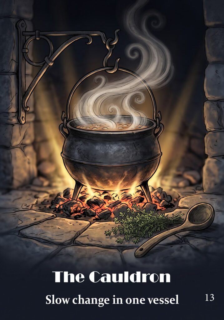 The Cauldron oracle card from the Hearth & Hedge Oracle deck