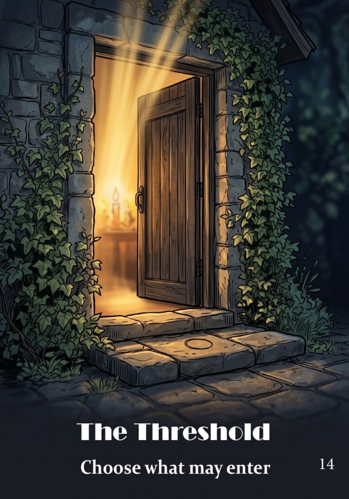 The Threshold oracle card from the Hearth & Hedge Oracle deck