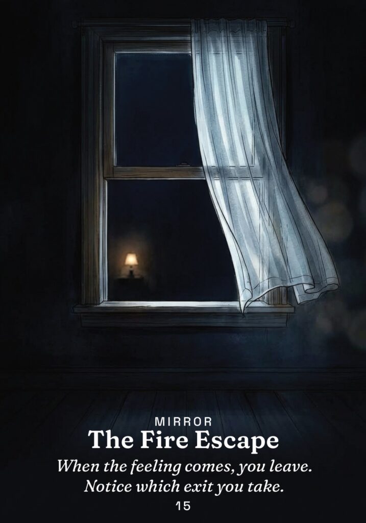 The Fire Escape oracle card from The Gold in the Dark deck